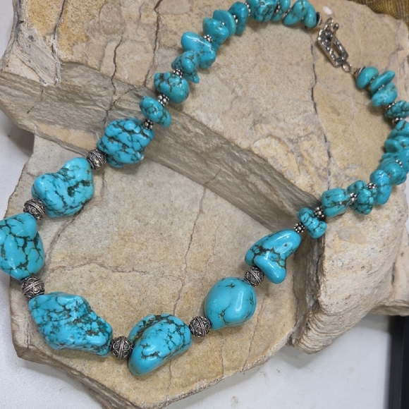 Genuine Turquoise and Sterling Silver Beaded Necklace - Picture 4 of 10